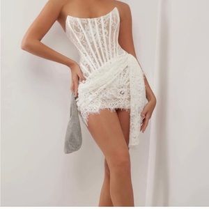 WHITE LACE CORSET DRAPED MINI DRESS